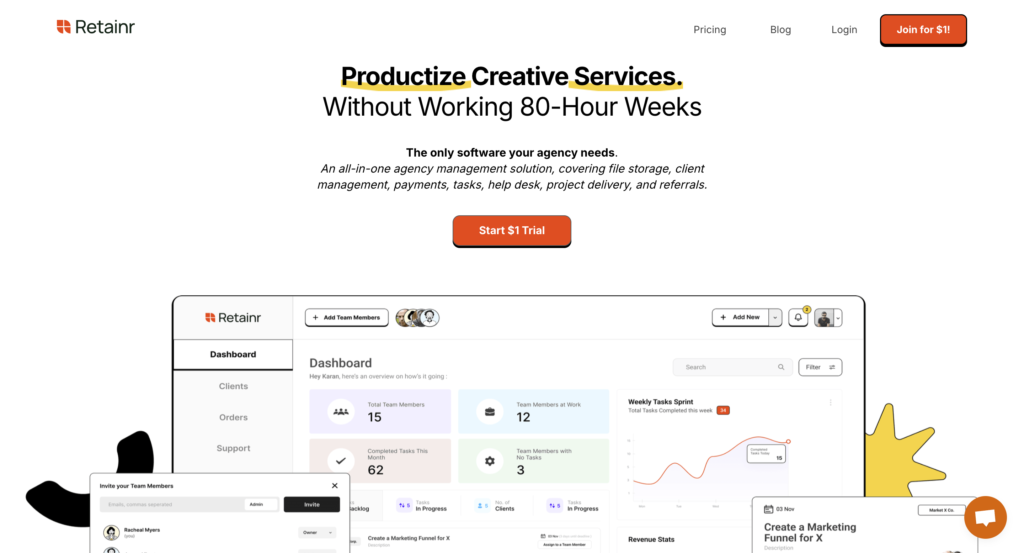 Retainr homepage showcasing the headline 'Productize Creative Services Without Working 80-Hour Weeks.' Subtext highlights Retainr as an all-in-one agency management solution, covering file storage, client management, tasks, payments, and project delivery. Features include a call-to-action button labeled 'Start $1 Trial' and visuals of a dashboard interface for team management and tasks.